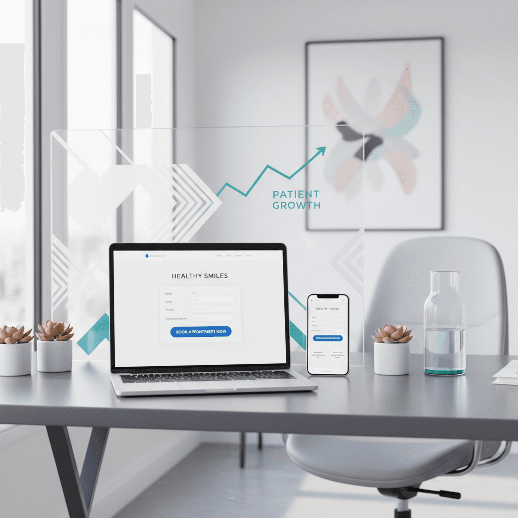 Modern dental workspace with laptop and smartphone displaying website wireframes and consultation forms.