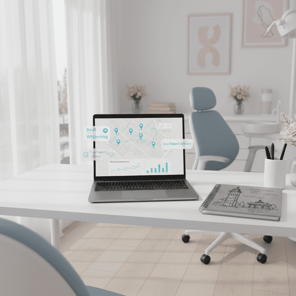 Modern dental workspace with laptop displaying local maps, testimonials, sketches, and growth charts.