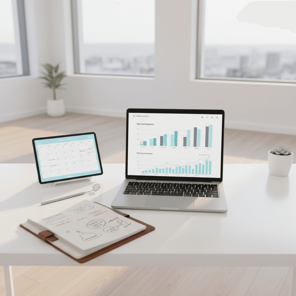 Modern dental workspace with laptop displaying marketing analytics, notes, and dental tools.