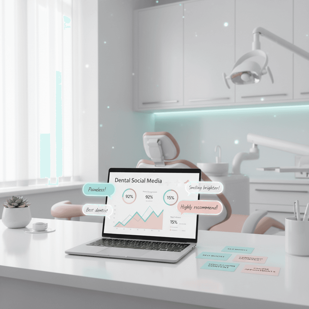 Modern dental workspace with laptop displaying social media analytics and testimonial notes.