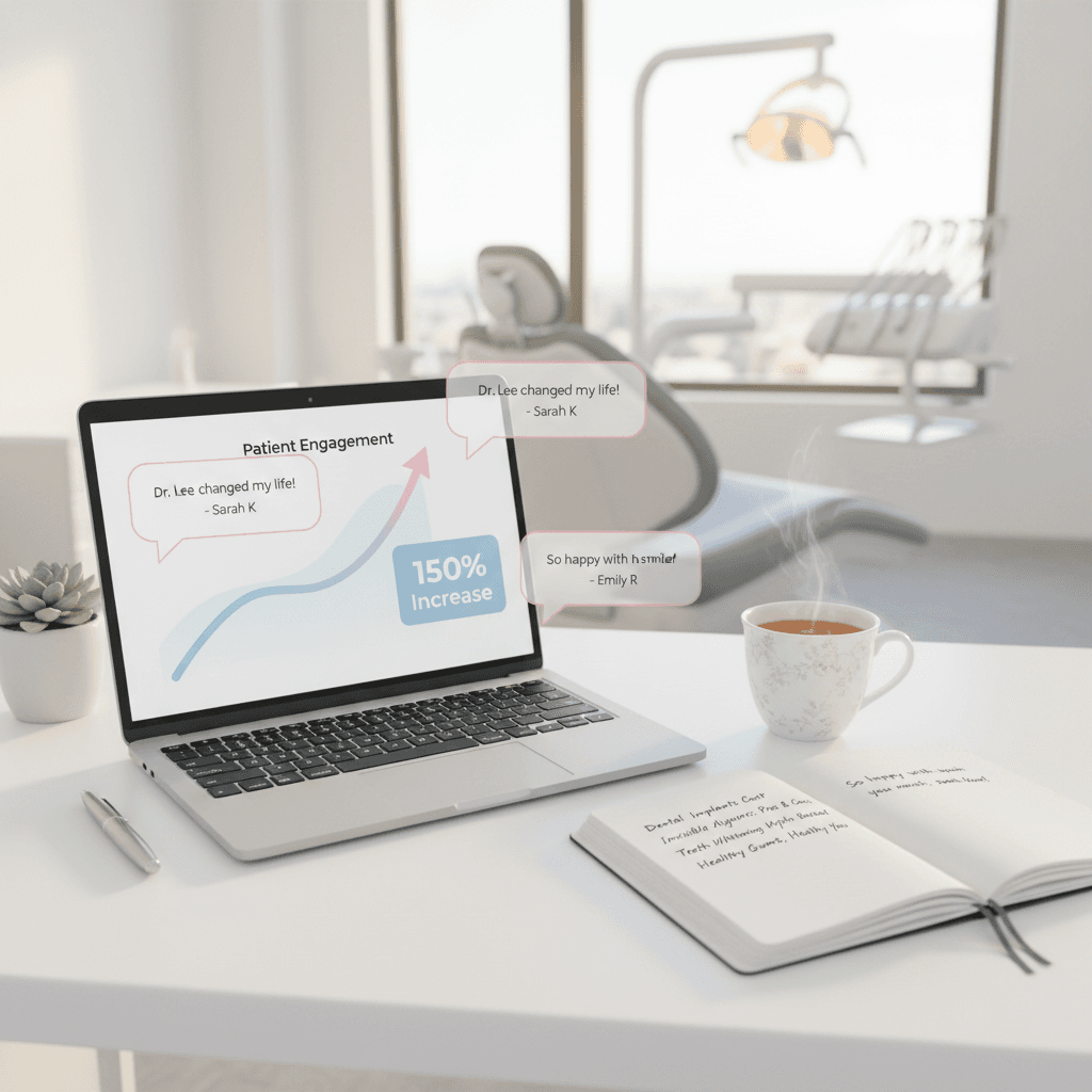 Modern dental workspace with laptop, growth chart, testimonial bubbles, notebook, and tea.