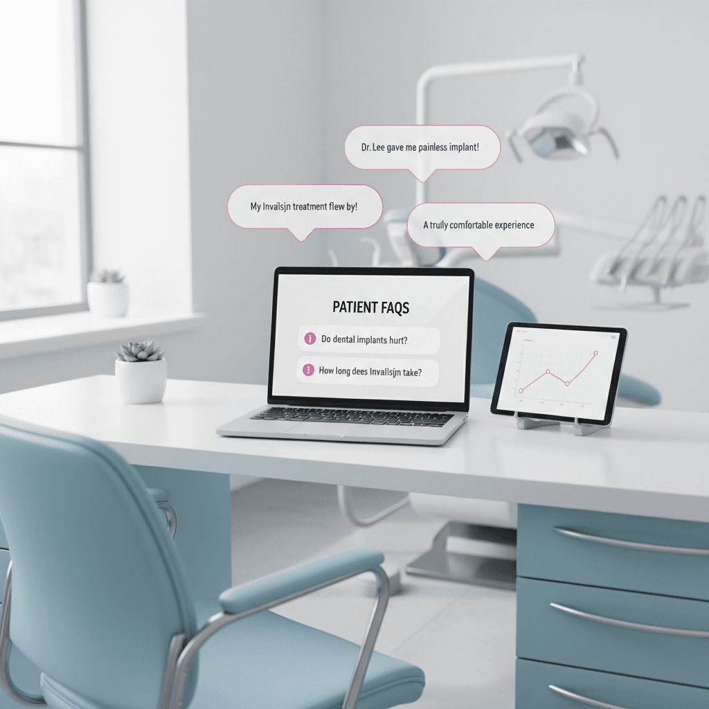 Modern dental workspace with laptop, growth chart, testimonial bubbles, and clinical tones.