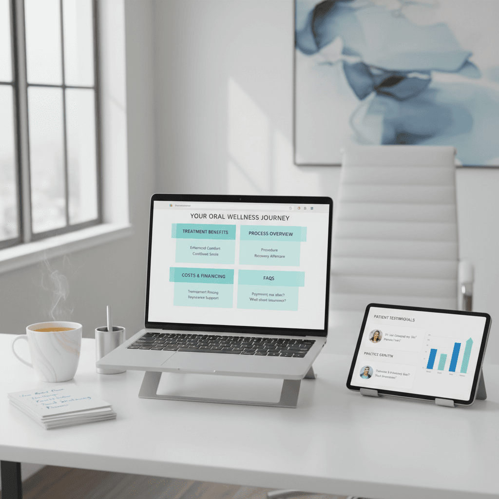 Modern dental workspace with laptop, notes, tea, tablet, and dental-themed decor.