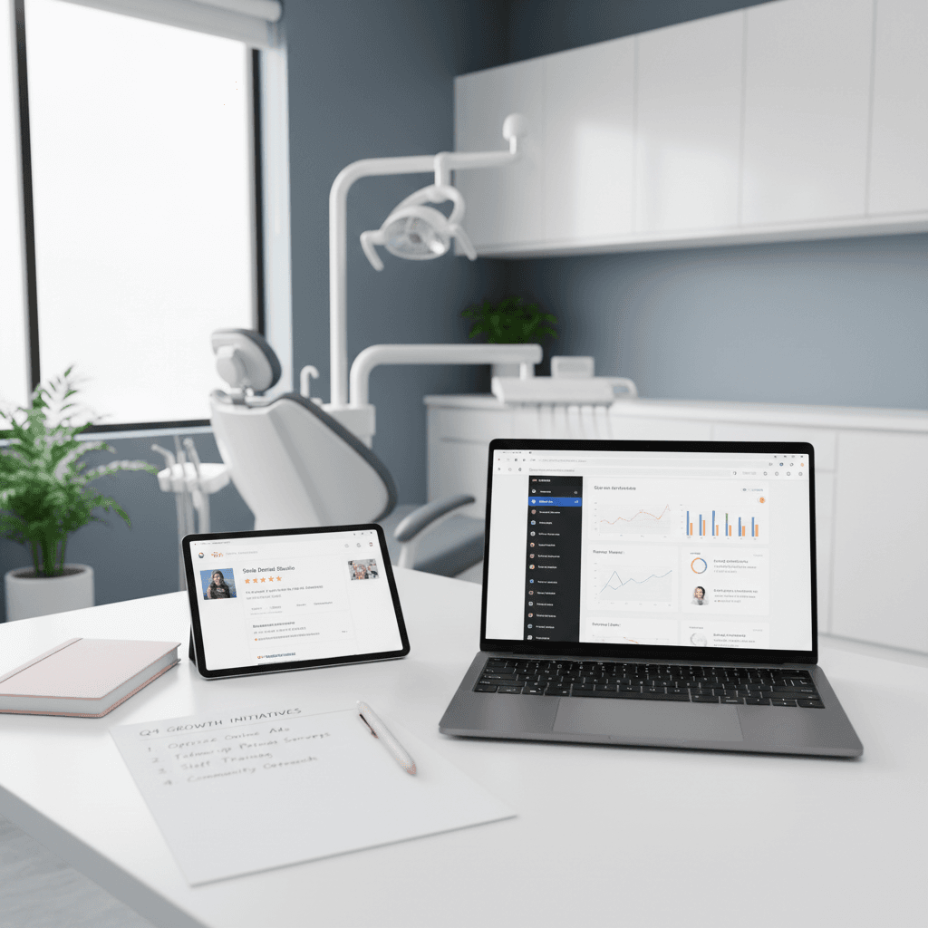 Modern dental workspace with laptop, tablet, checklist, and pink accents in a clinical setting.