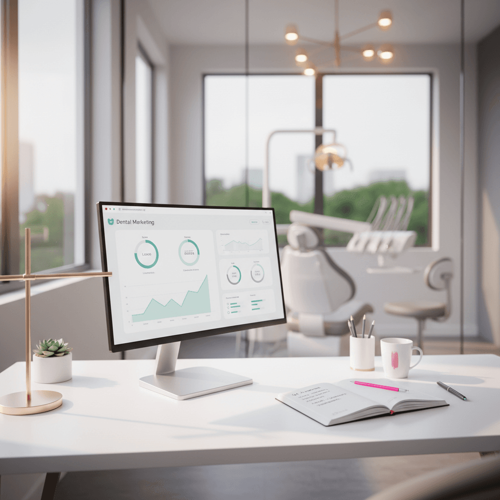 Modern dental workspace with marketing dashboard, notebook, and clinical treatment room in bright lighting.