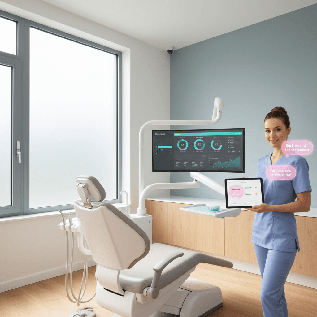 Modern dental workspace with monitor displaying growth charts and dentist reviewing patient testimonials.
