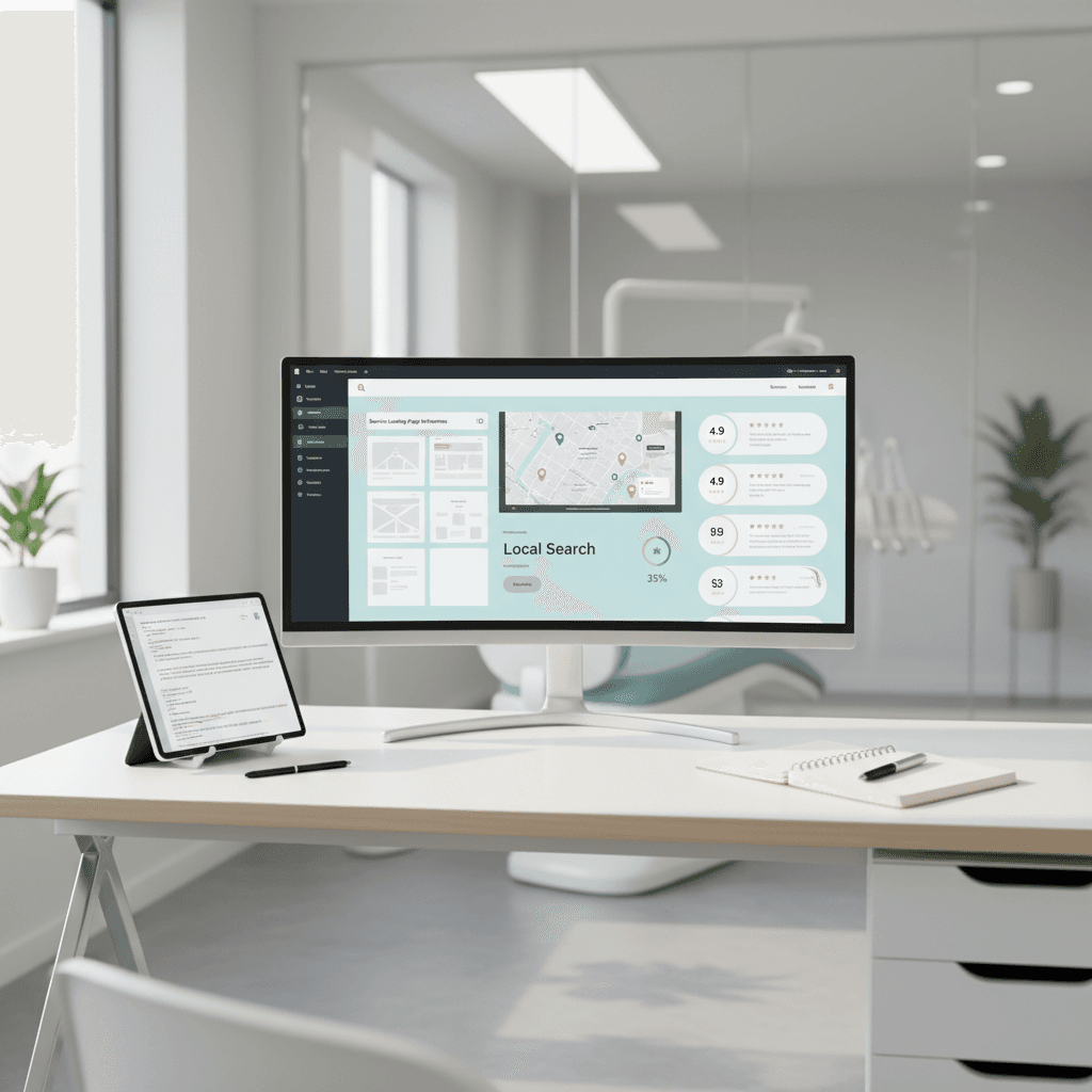 Modern dental workspace with monitor displaying SEO dashboard, tablet with schema code, and planning tools.
