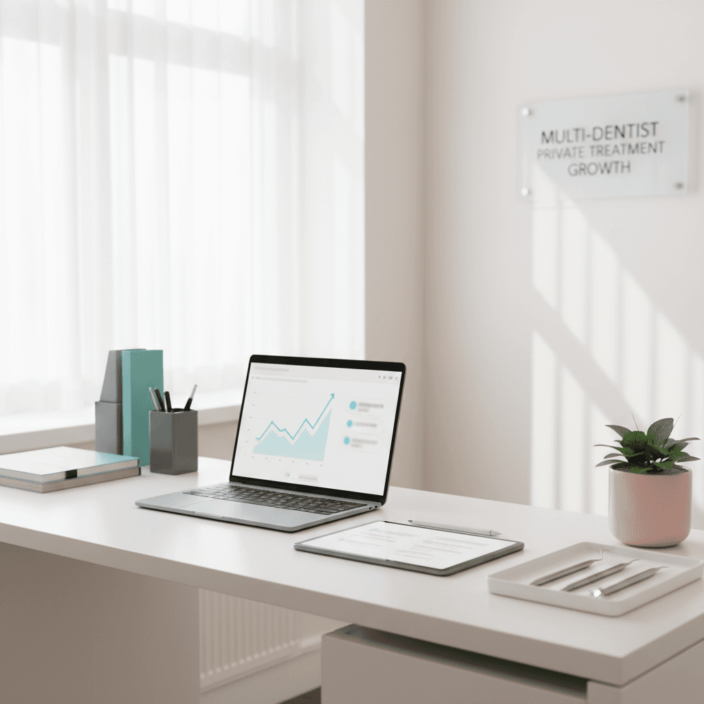 Modern dental workspace with tools, digital dashboards, pink plant, and teal accessories.