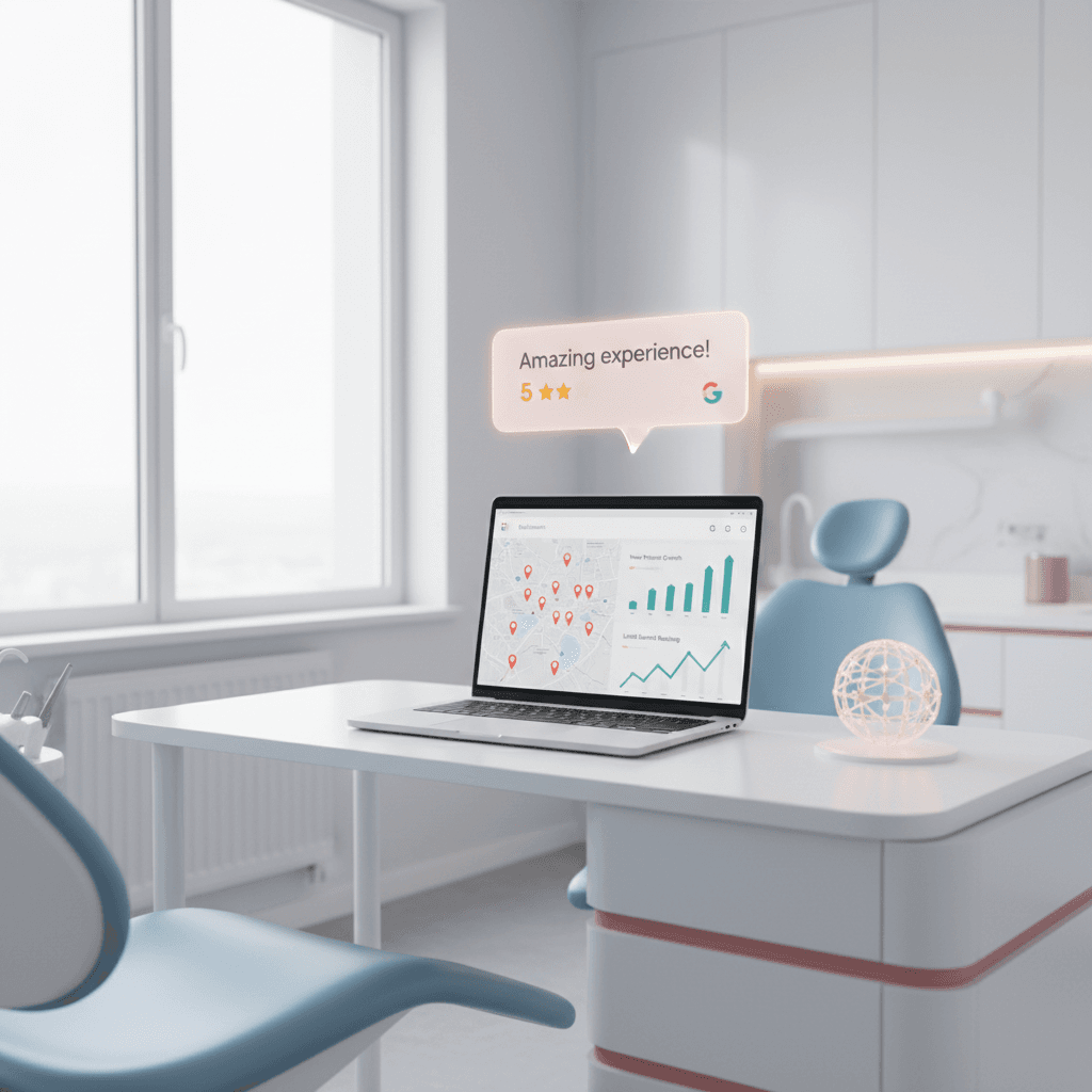 Bright dental clinic with laptop displaying local search maps and growth charts in a modern treatment room.
