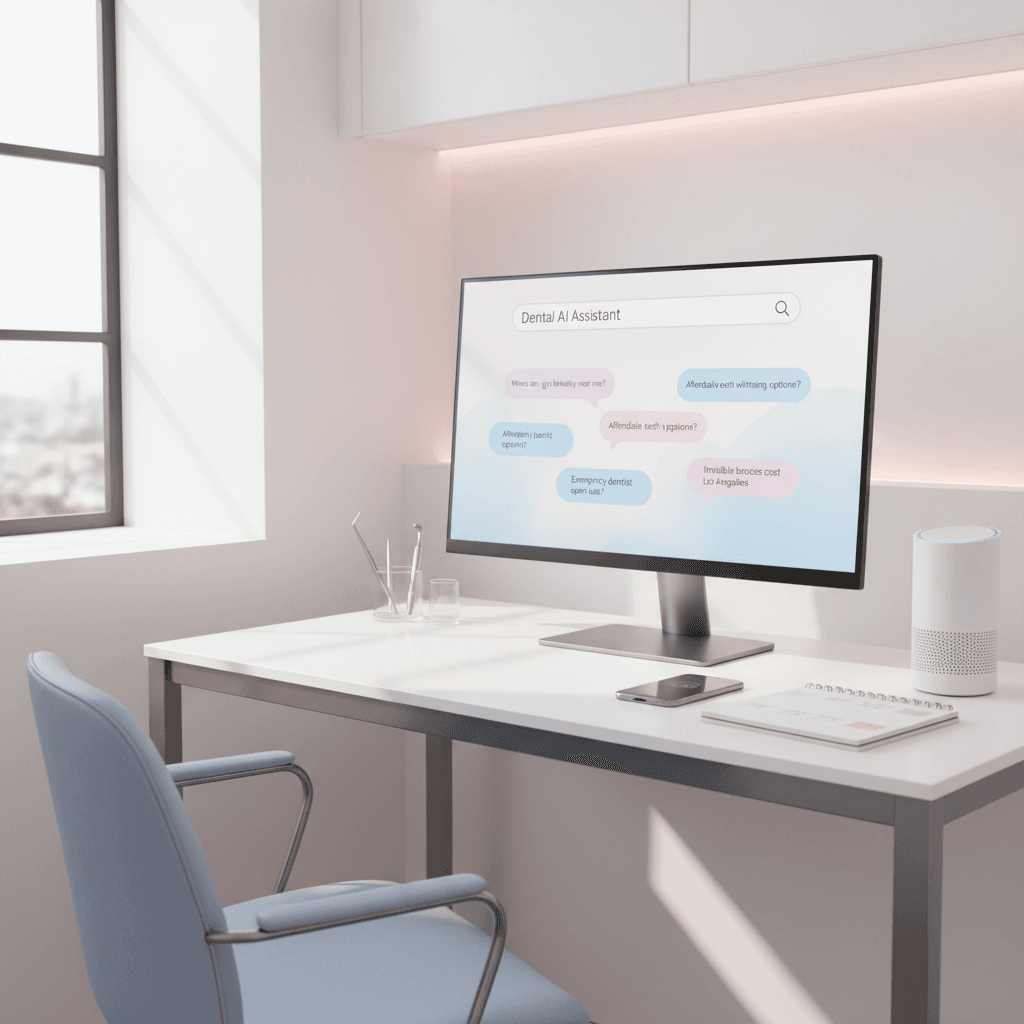 Bright dental clinic workspace with computer, smartphone, smart speaker, and appointment calendar.