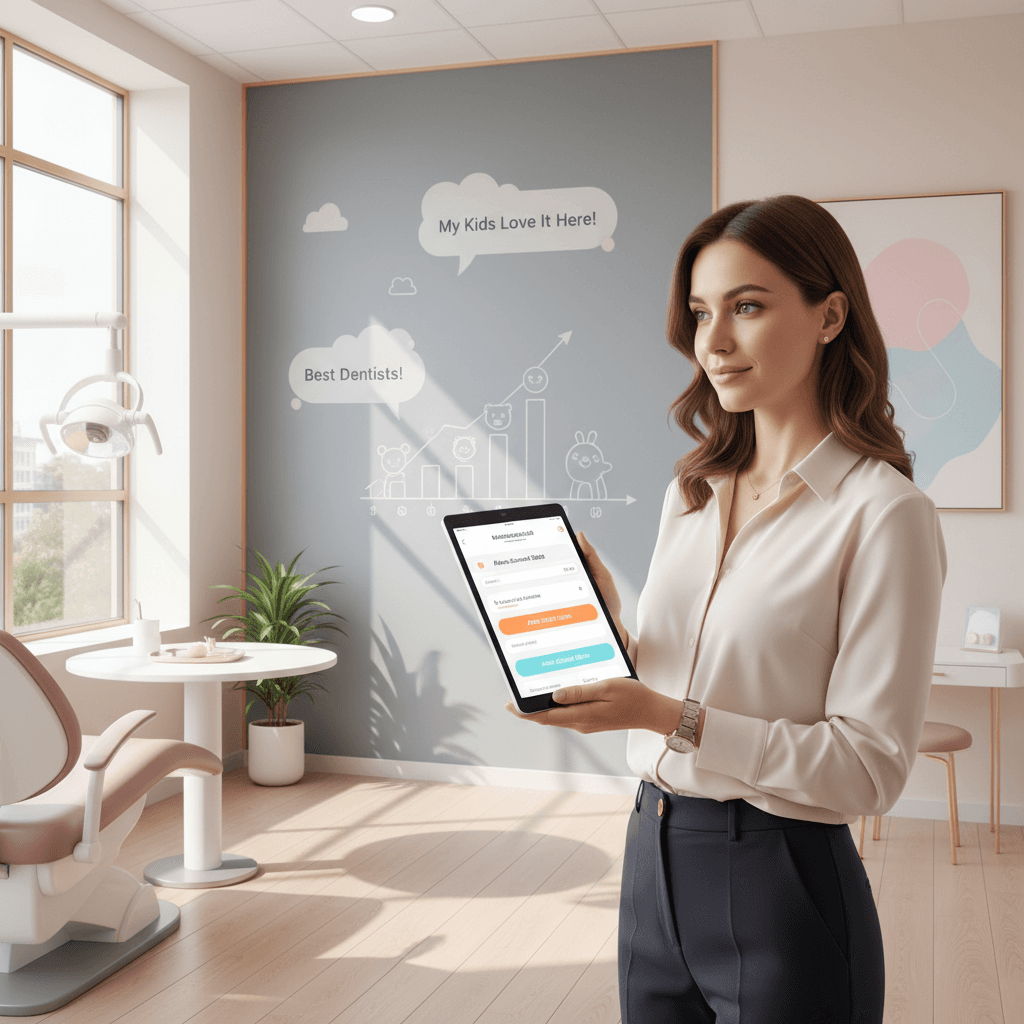 Busy mother reviews dental appointment dashboard in modern pediatric clinic with growth chart and testimonials.