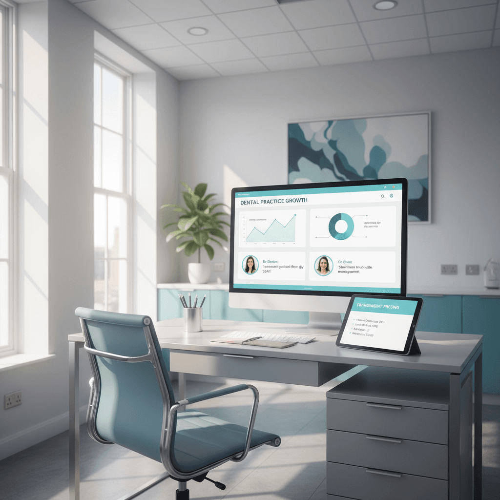 Modern dental clinic office with digital dashboard, desk accessories, and calming blue-green accents.
