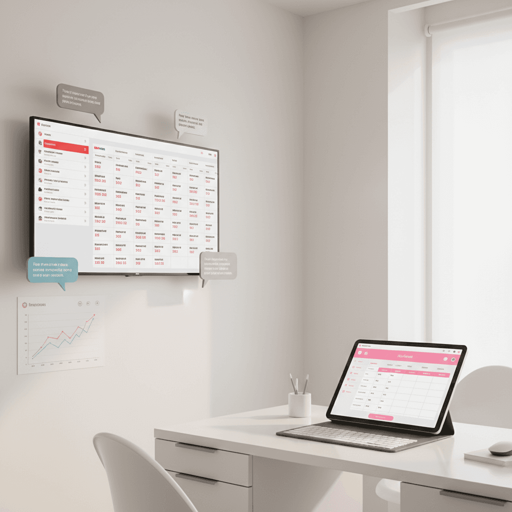 Modern dental clinic room with digital appointment screens, growth chart, and private scheduling interface.