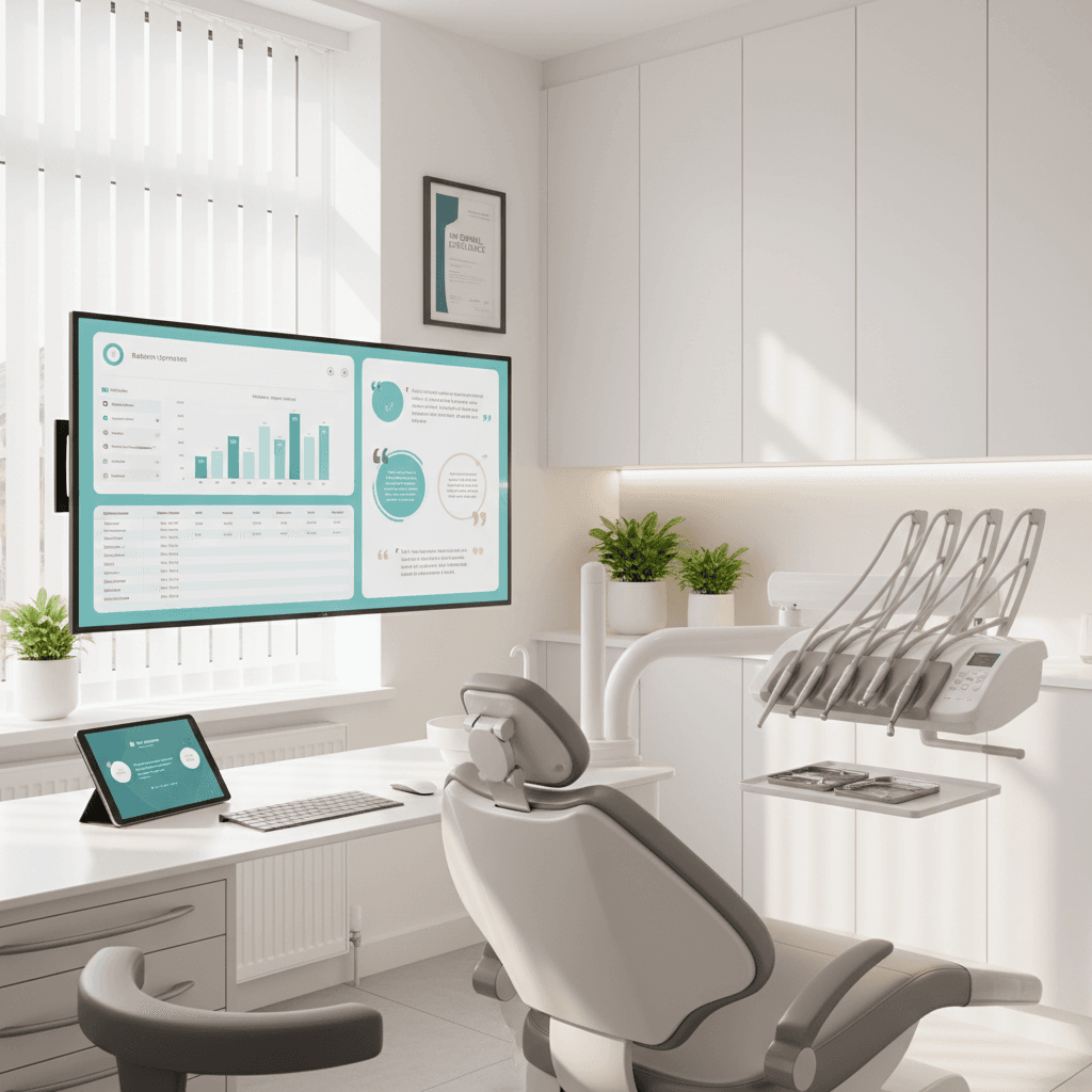 Modern dental clinic treatment room with digital workspace, growth charts, and organized tools.