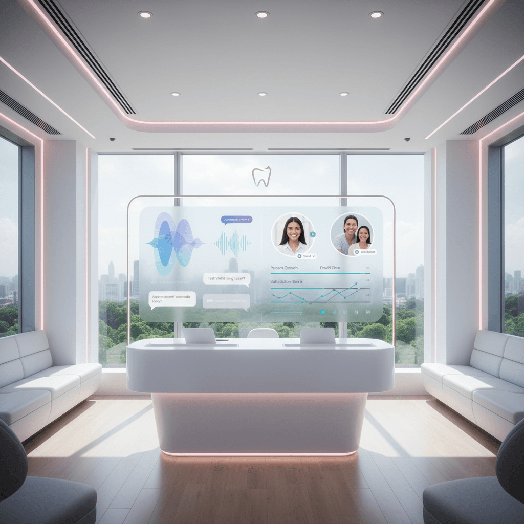 Modern dental clinic with digital dashboard, chat bubbles, testimonials, and growth charts.