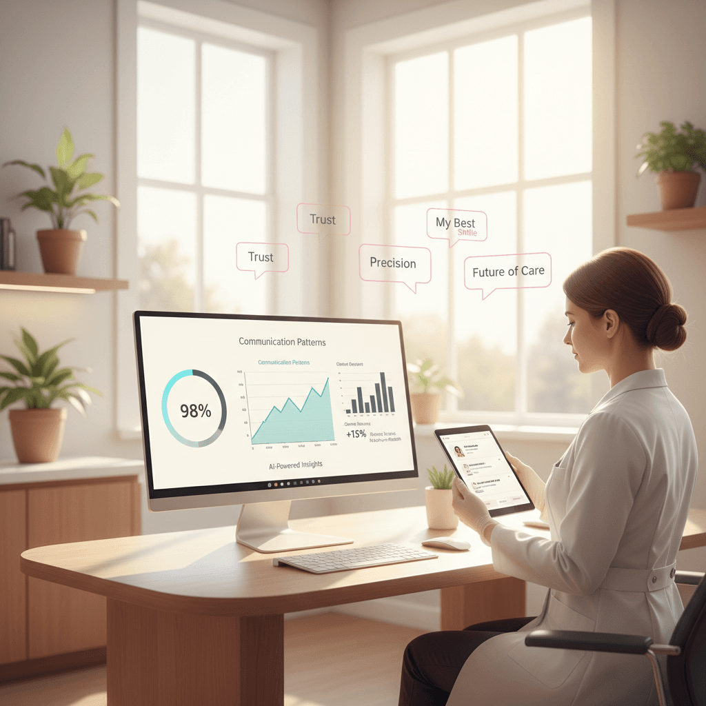 Modern dental clinic with digital dashboard, dentist holding tablet, and floating testimonial bubbles.