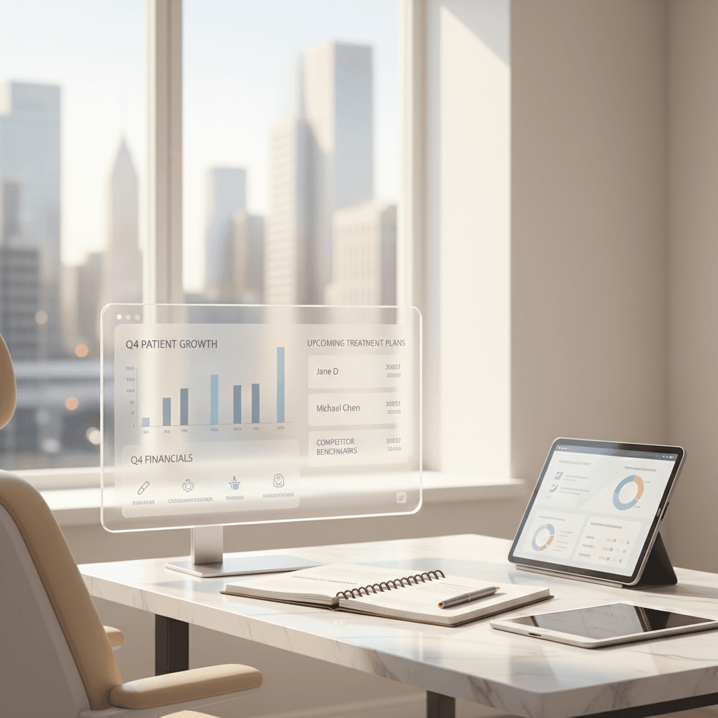 Modern dental clinic with digital dashboard, notebooks, tablet, and professional workspace.