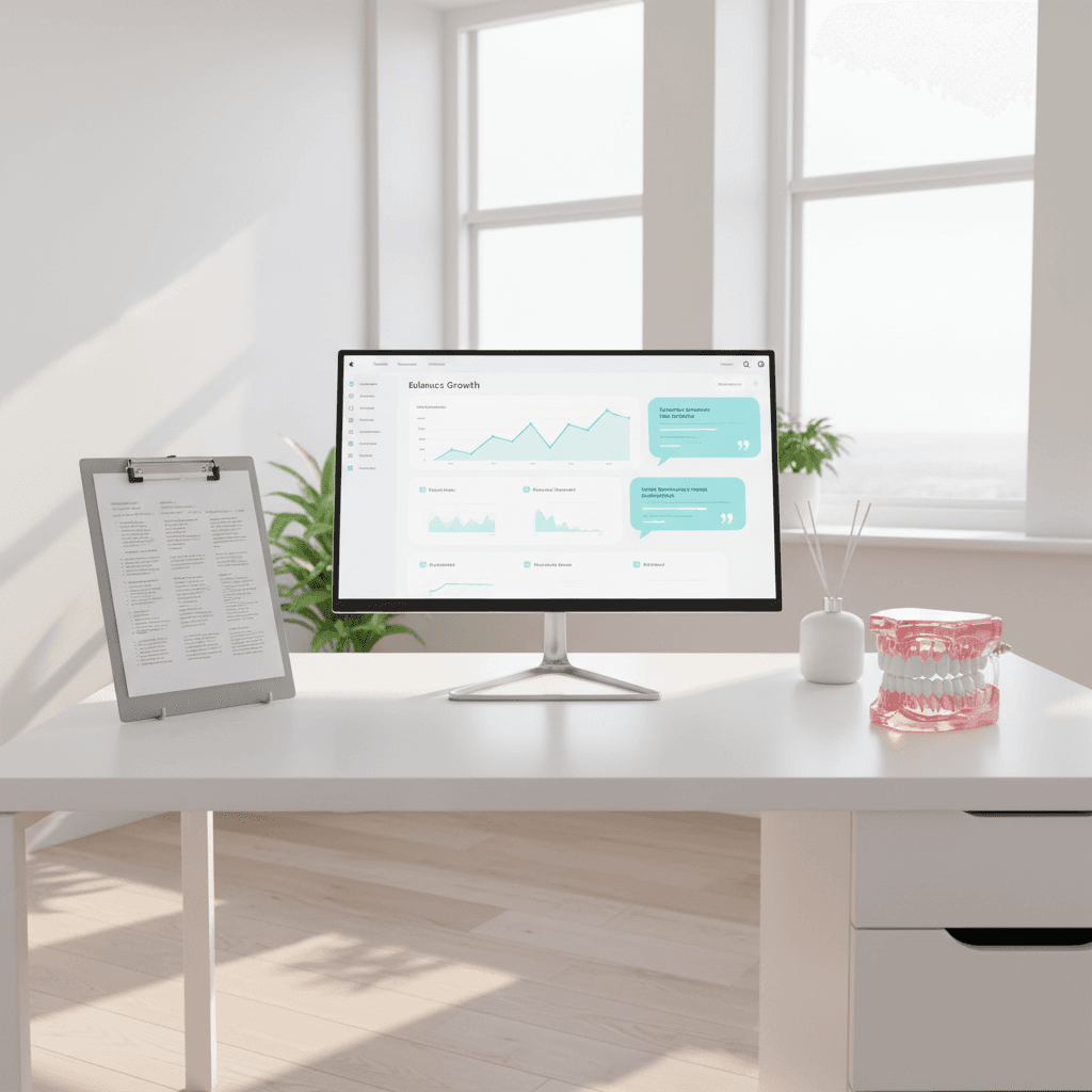 Modern dental clinic with digital dashboard, research notes, and pink dental model in bright, professional setting.