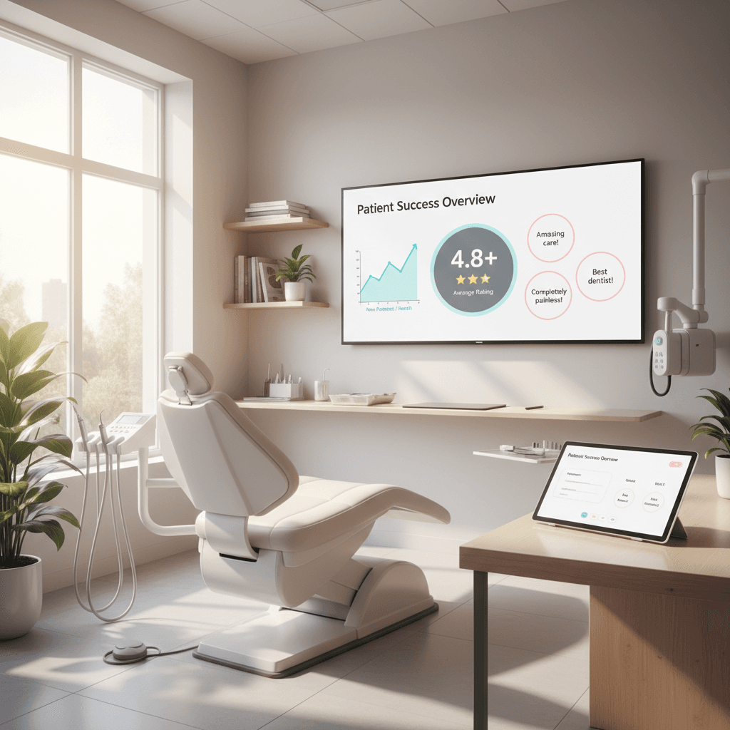 Modern dental clinic with digital dashboard showing ratings, growth charts, and patient testimonials.