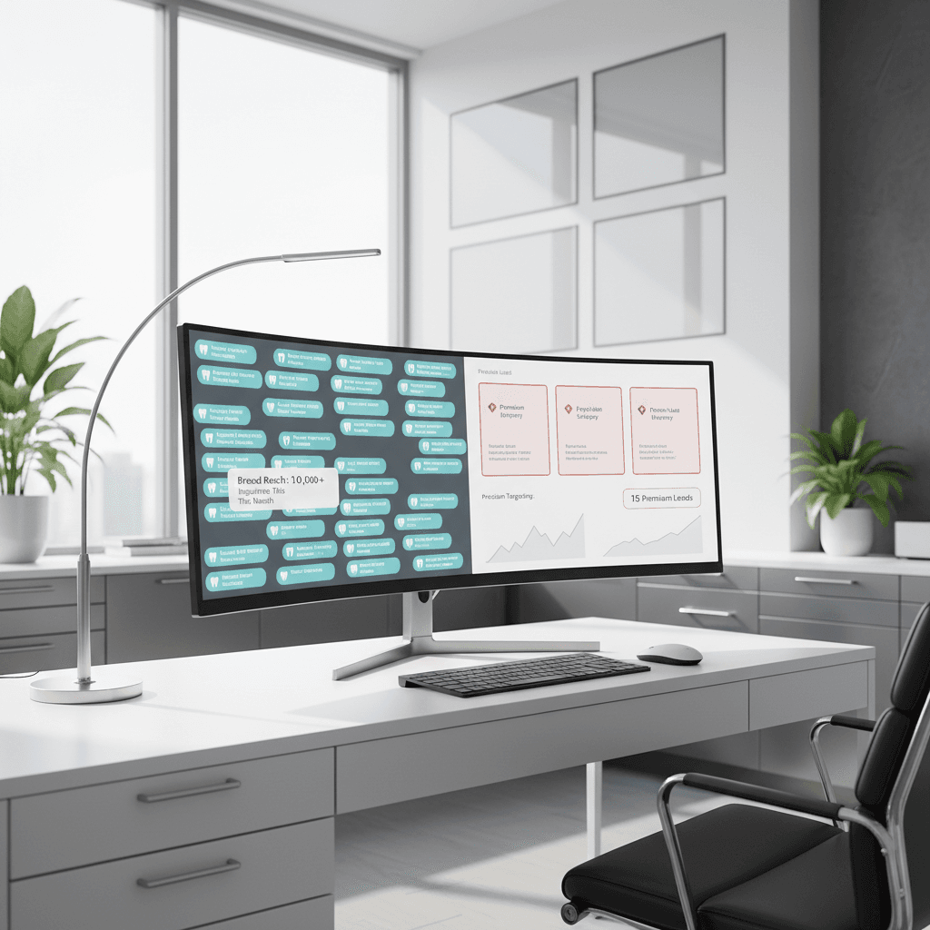 Modern dental clinic with digital dashboards showing inquiry notifications and premium treatment leads.