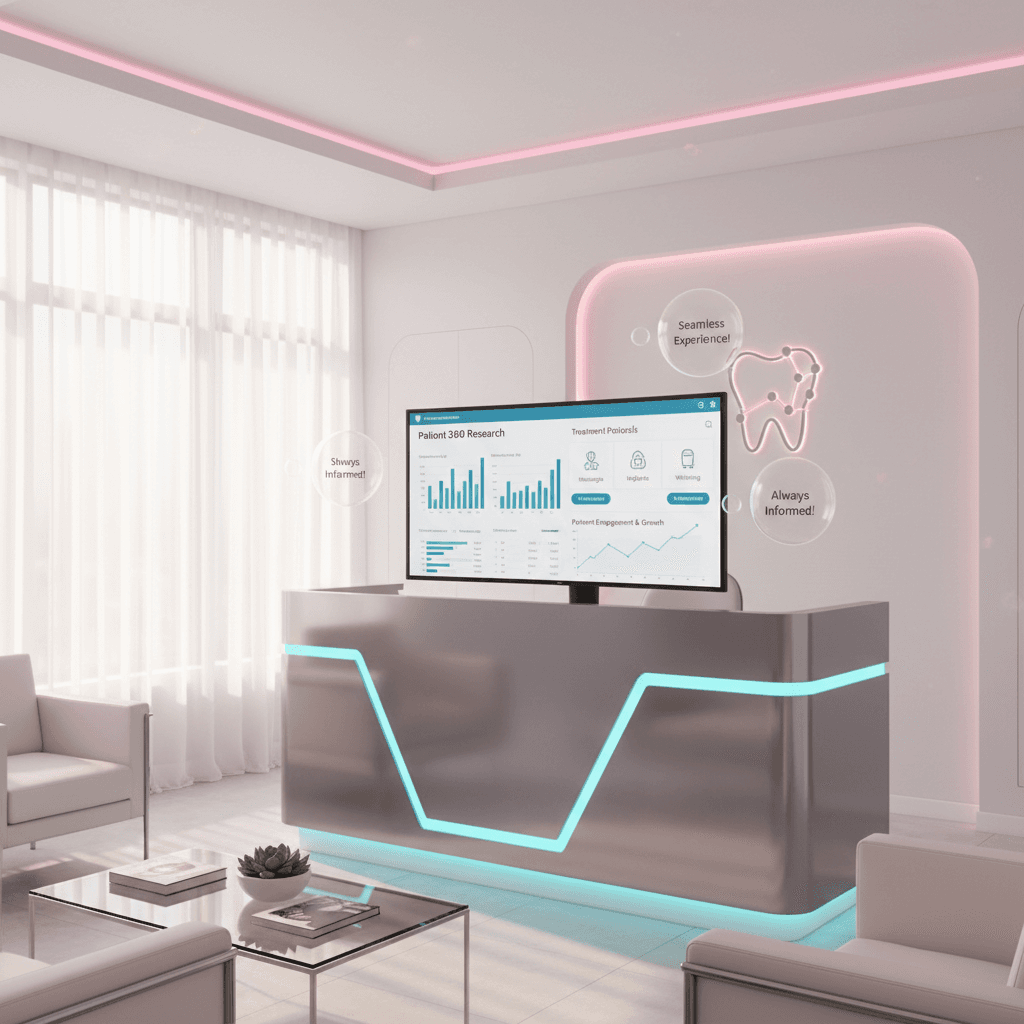 Modern dental clinic with digital research dashboard, testimonial bubbles, and warm, professional decor.