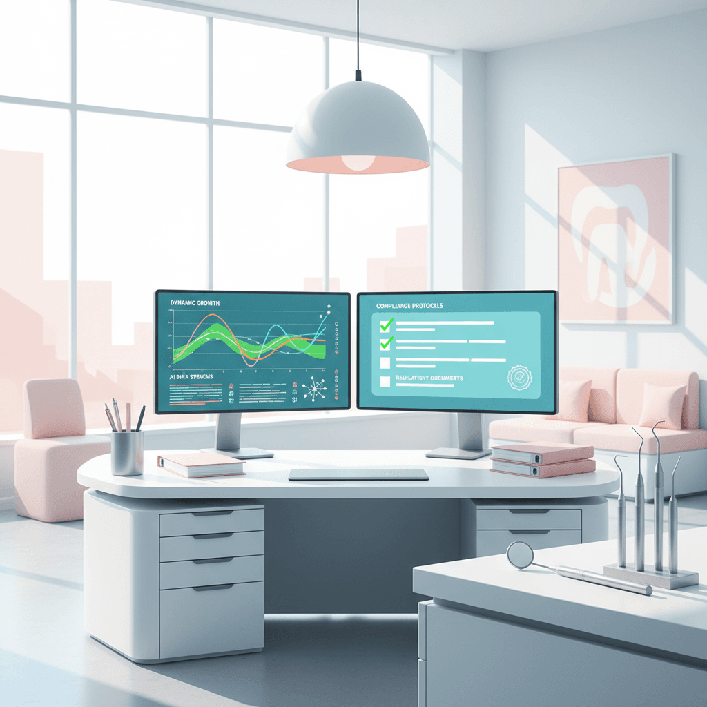 Modern dental clinic with digital workspace, dashboards, dental tools, and warm pink accents.