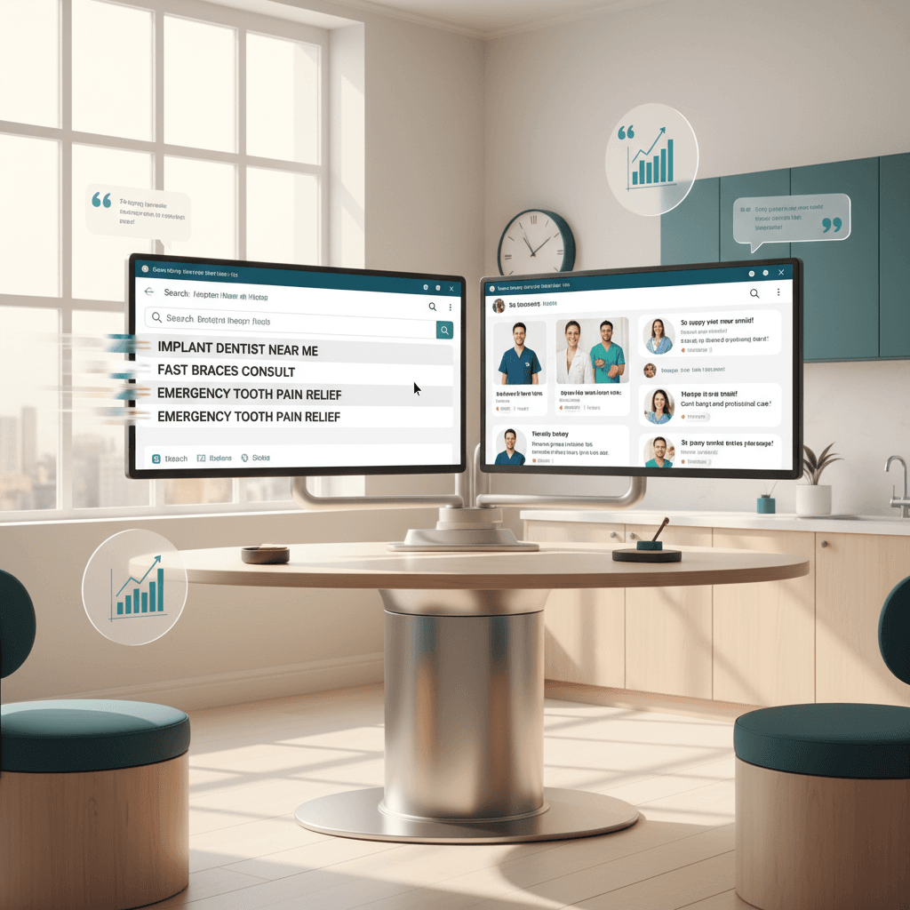 Modern dental clinic with digital workspace displaying search, social media, and growth visuals.