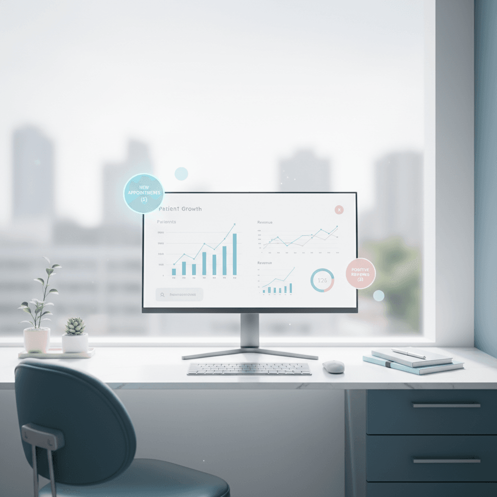 Modern dental clinic with digital workspace displaying growth charts and notifications.