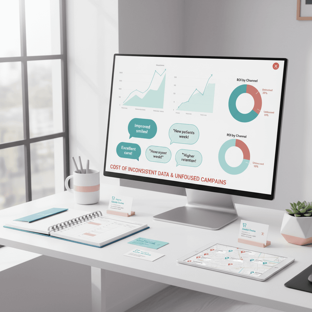 Modern dental clinic workspace with a computer displaying a dental marketing dashboard and related tools.