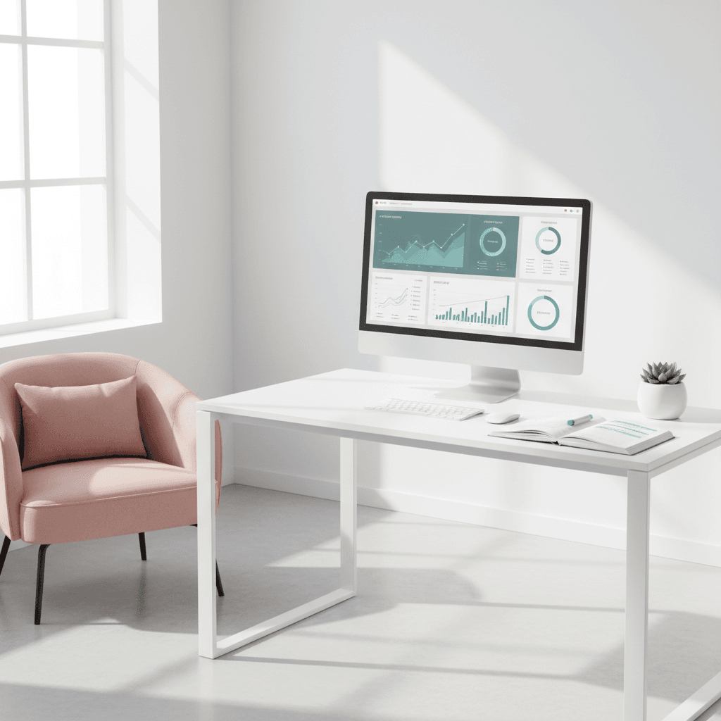 Modern dental clinic workspace with a desk, growth charts, reports, and calming decor.