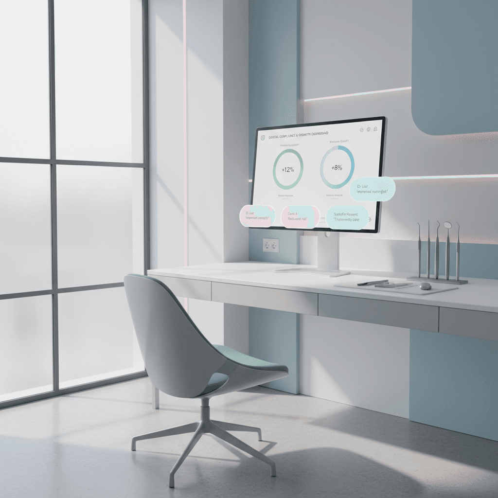 Modern dental clinic workspace with compliance dashboard, clinical tools, and soothing color scheme.
