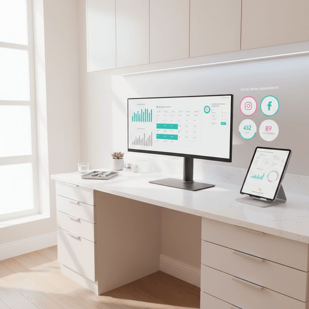 Modern dental clinic workspace with computer and tablet displaying health, social, and marketing data.