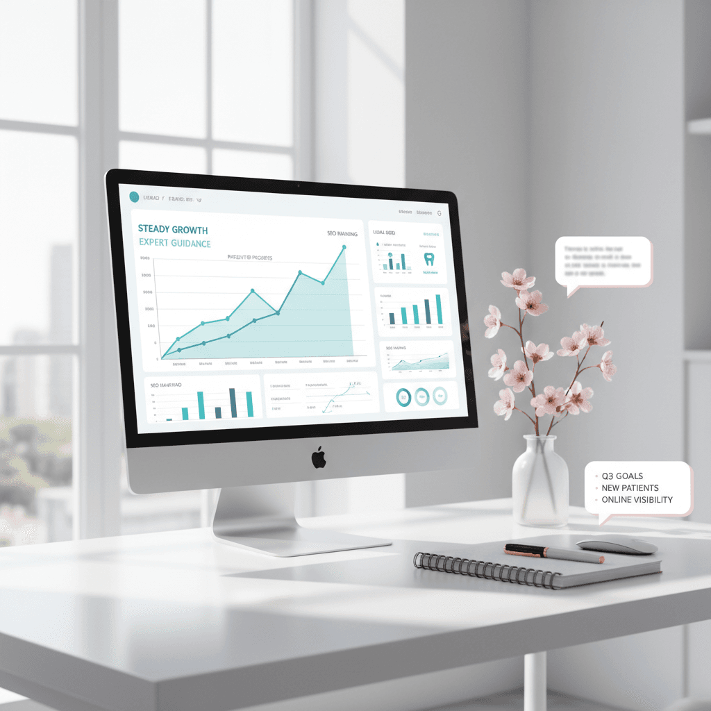 Modern dental clinic workspace with computer displaying growth chart and SEO dashboard.