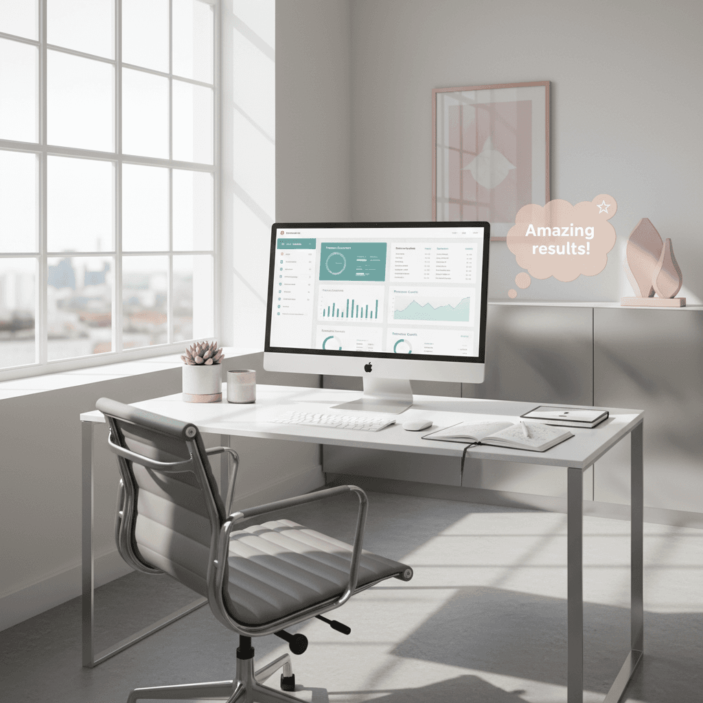 Modern dental clinic workspace with computer displaying marketing dashboard and supportive elements.