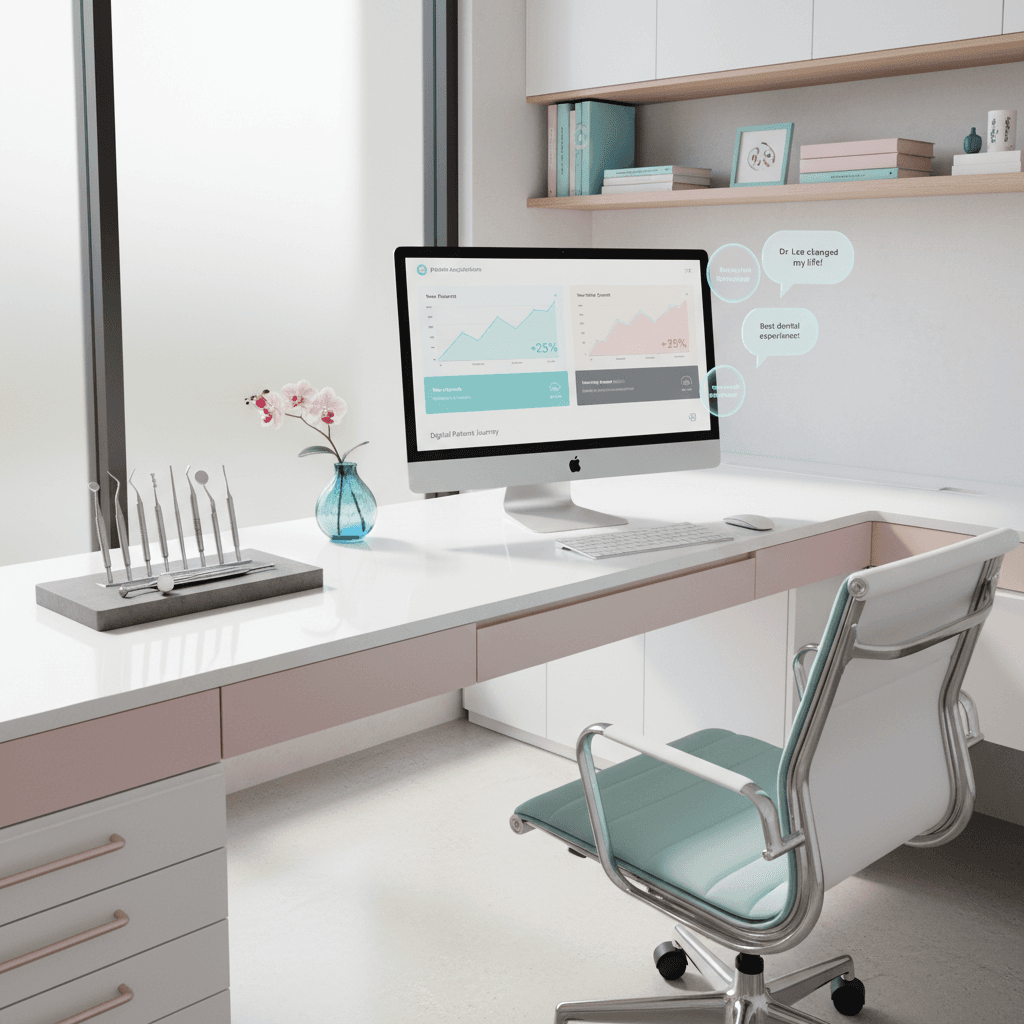 Modern dental clinic workspace with computer displaying patient growth dashboard and testimonials.