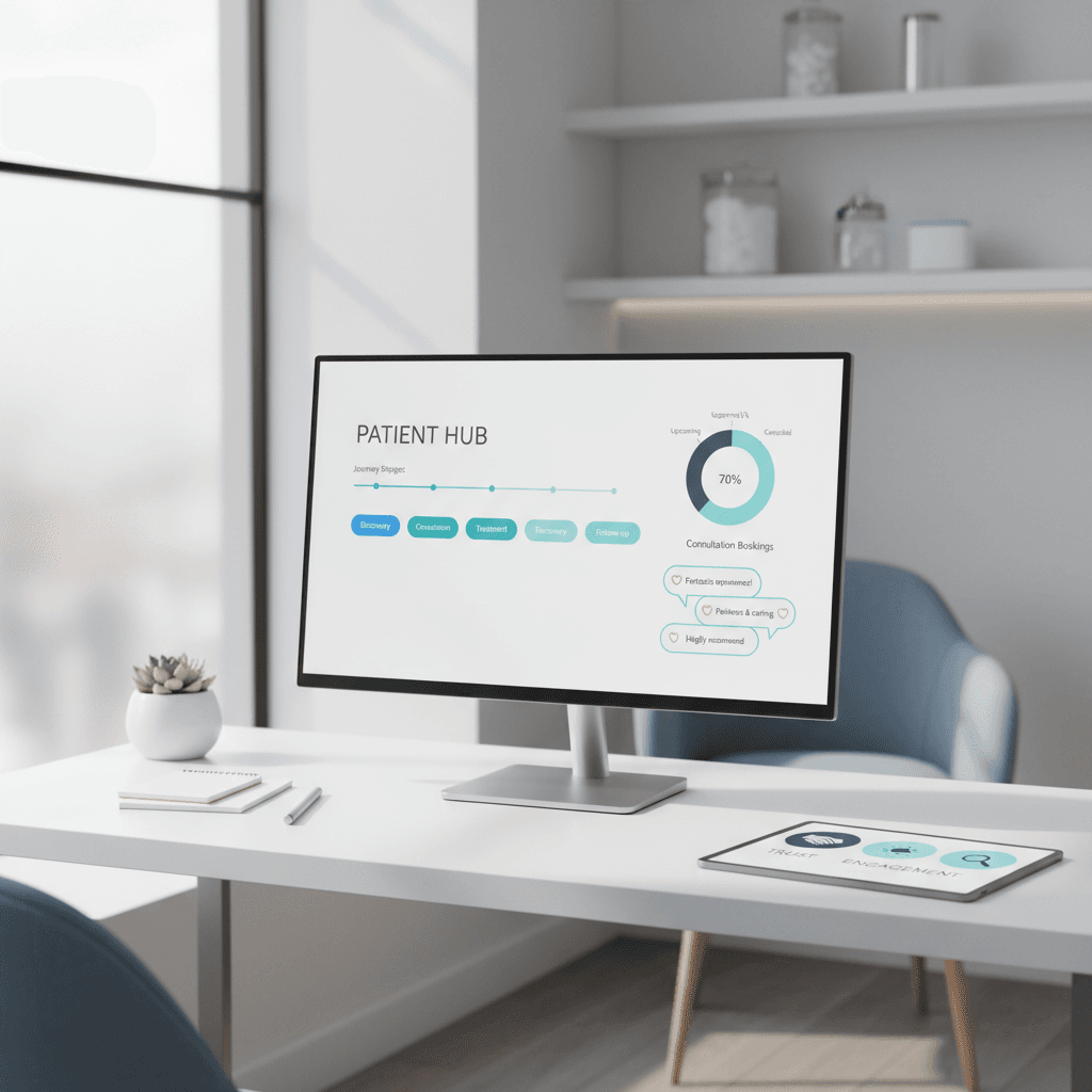 Modern dental clinic workspace with computer displaying patient dashboard and strategic content on tablet.