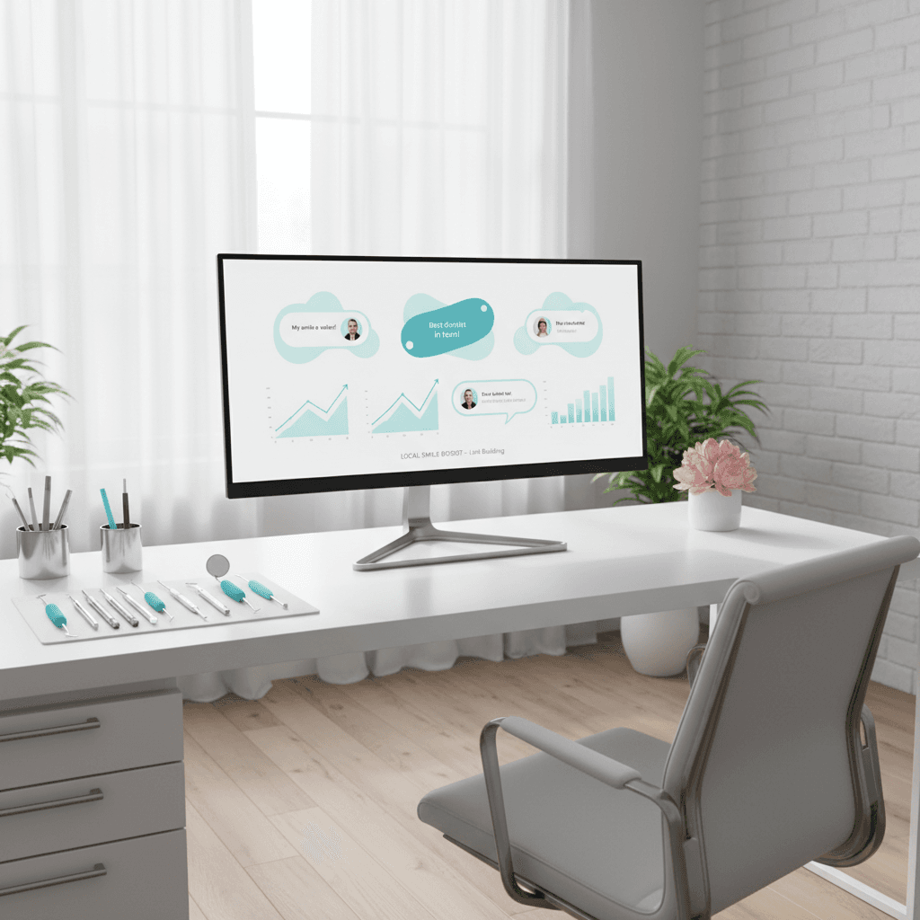 Modern dental clinic workspace with computer displaying growth charts and testimonial bubbles.