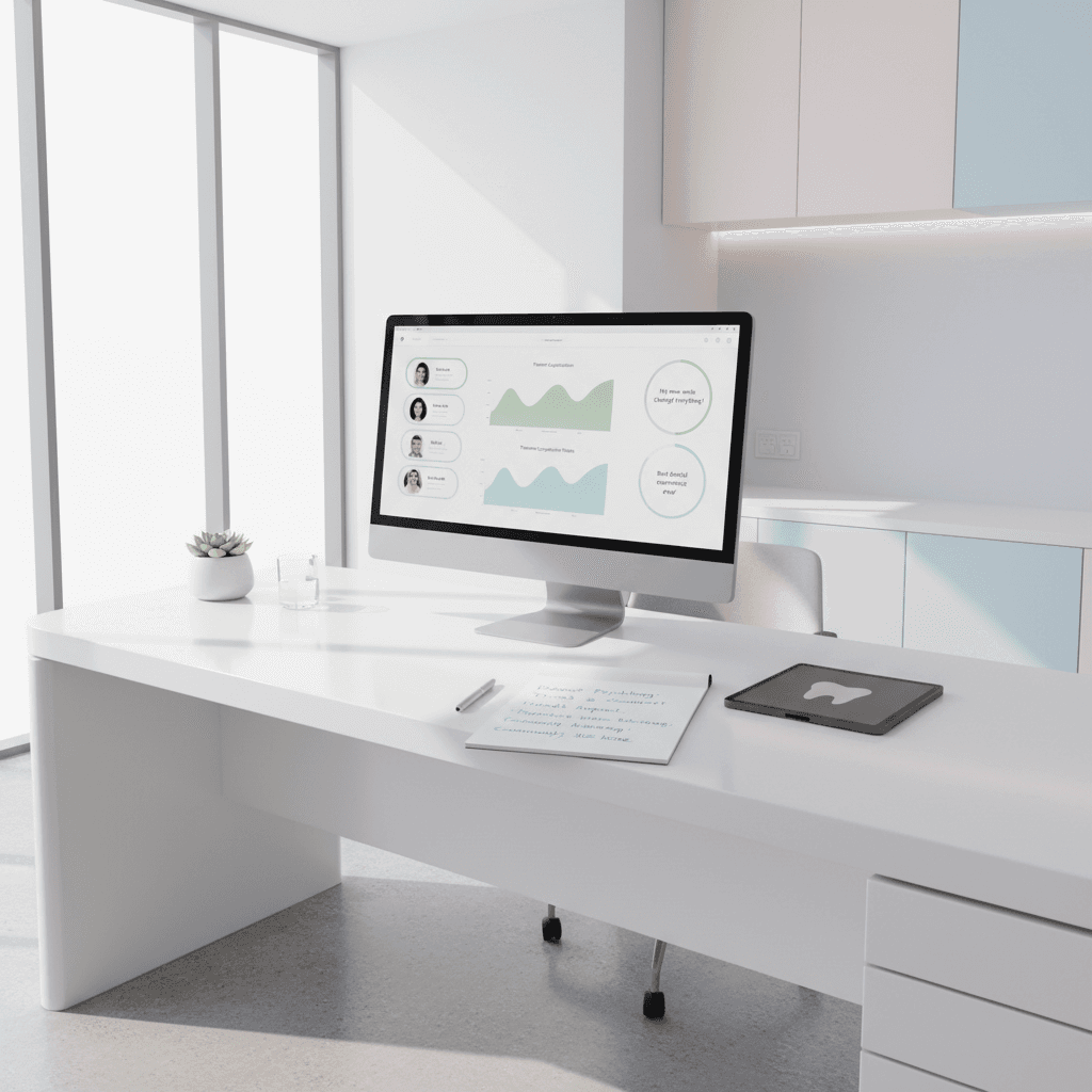 Modern dental clinic workspace with computer, tablet, notepad, and clinical decor.