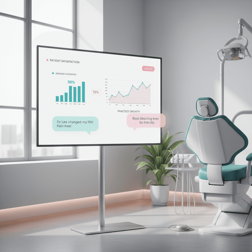 Modern dental clinic workspace with digital dashboard showing performance charts and dental chair.