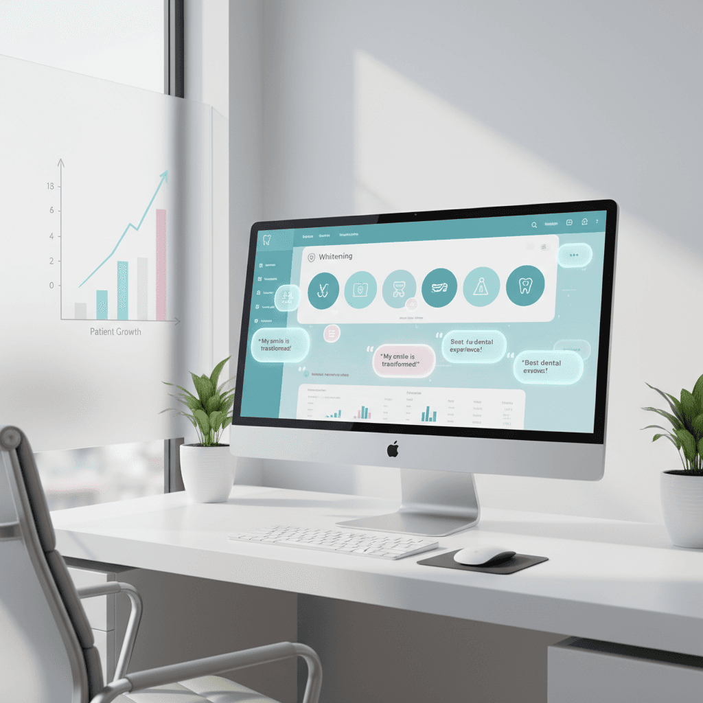 Modern dental clinic workspace with digital dashboard, testimonial bubbles, and growth chart.