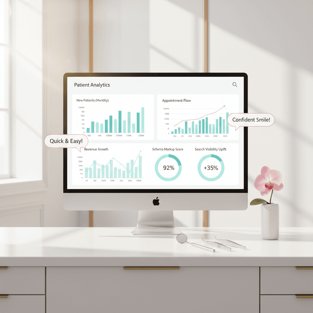 Modern dental clinic workspace with digital dashboard, dental tools, and testimonial bubbles.