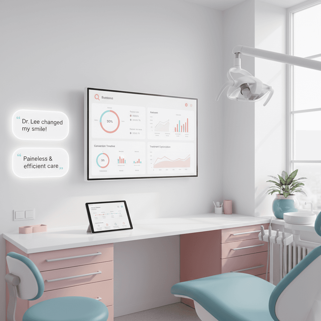 Modern dental clinic workspace with digital dashboard, organized desk, and calming color scheme.