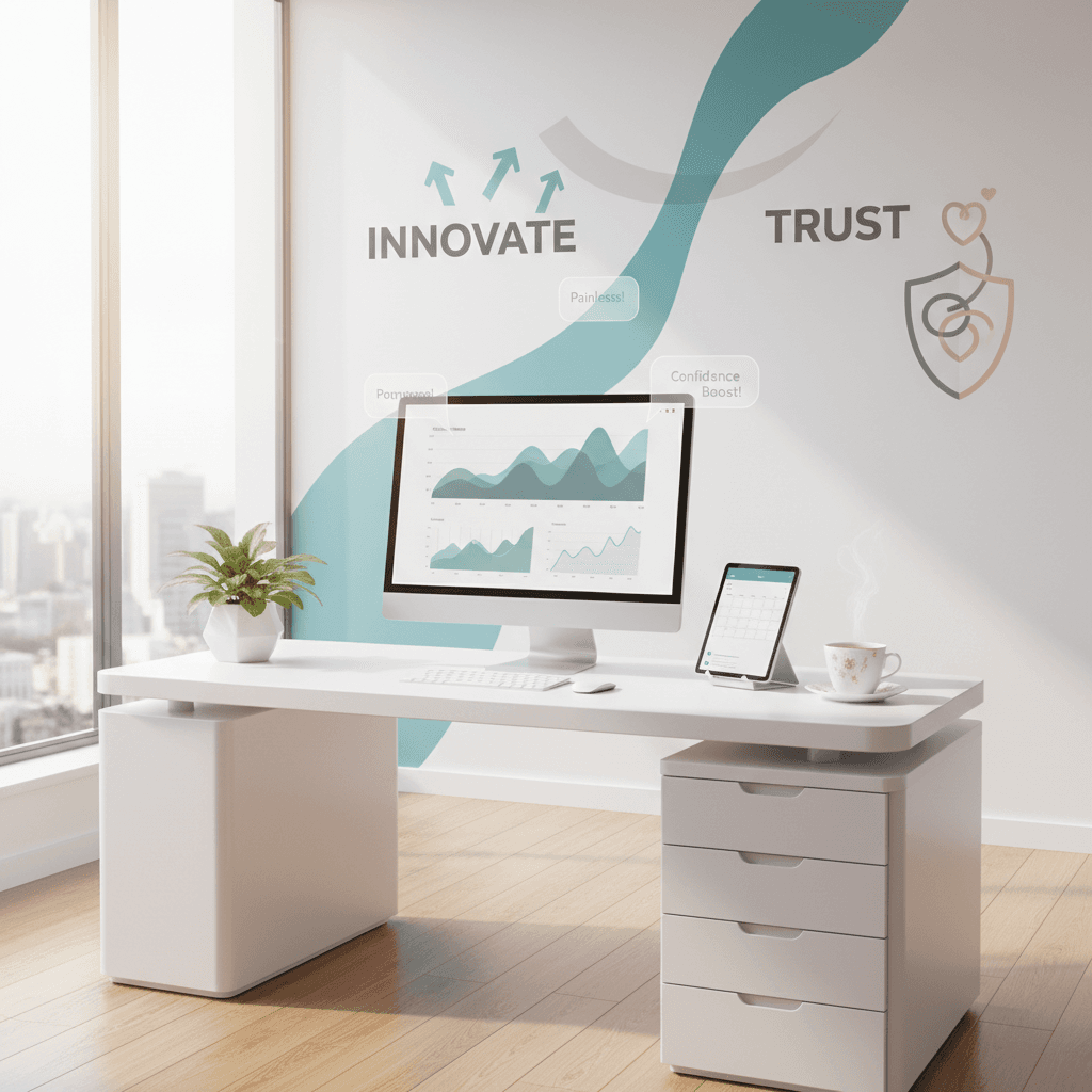 Modern dental clinic workspace with digital dashboard, tablet, tea, and floating testimonial bubbles.