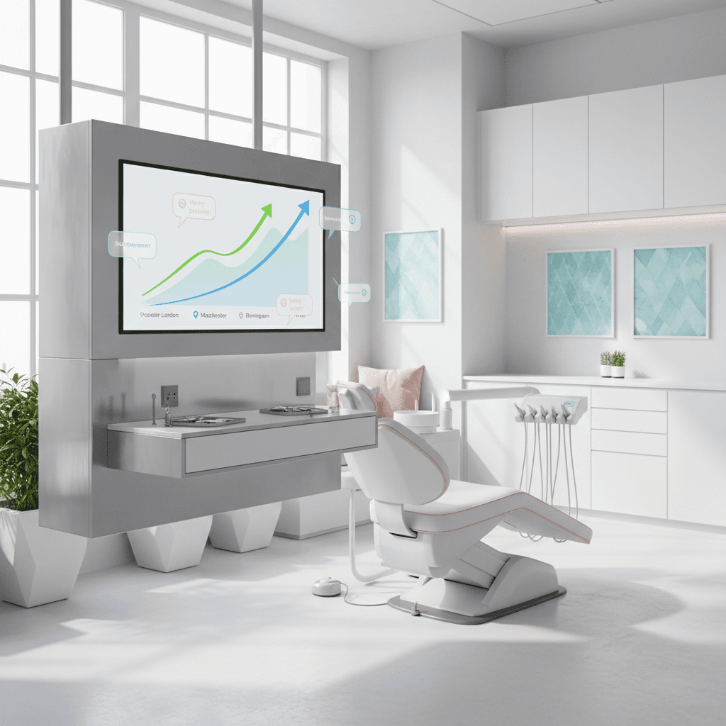 Modern dental clinic workspace with digital dashboard showing growth charts and location markers.