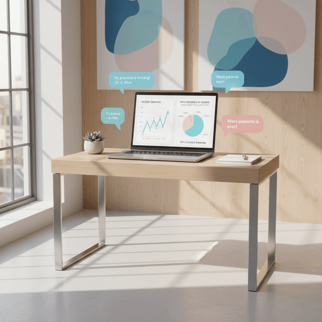 Modern dental clinic workspace with digital dashboard showing growth and patient metrics.