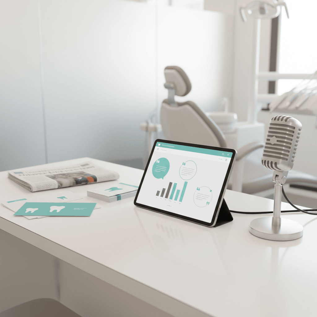 Modern dental clinic workspace with digital dashboard, printed materials, and radio microphone.
