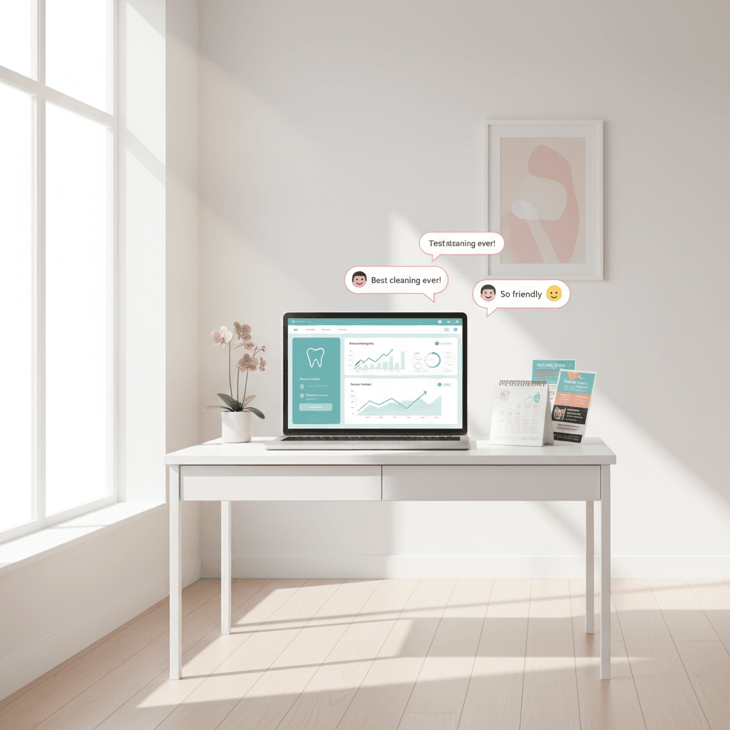 Modern dental clinic workspace with laptop displaying patient analytics, calendar, flyers, and testimonial bubbles.