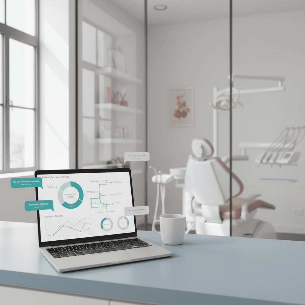 Modern dental clinic workspace with laptop displaying patient psychology dashboard and treatment room background.