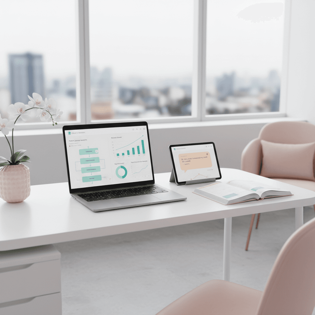 Modern dental clinic workspace with laptop, tablet, appointment calendar, and pink accents.