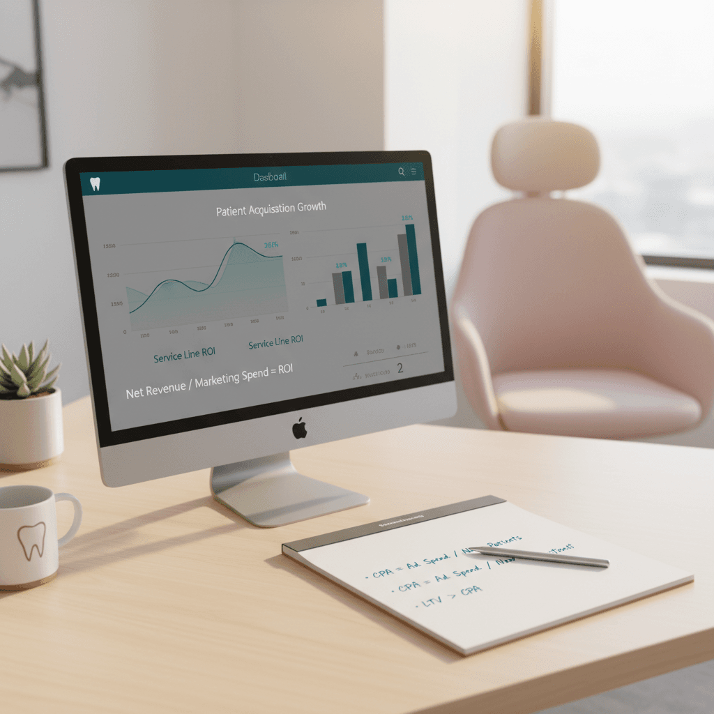 Modern dental clinic workspace with marketing dashboard, notepad, pen, and pink chair cushion.